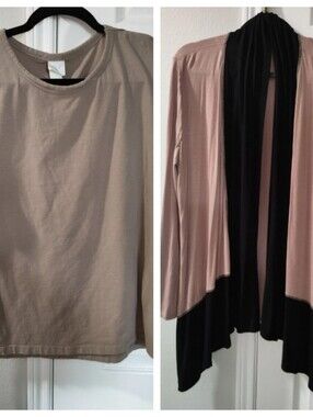 2 Pieces Women's XL Soft Knit Top Bundle Cardigan Tee Khaki Tan H&M Stretch Lot